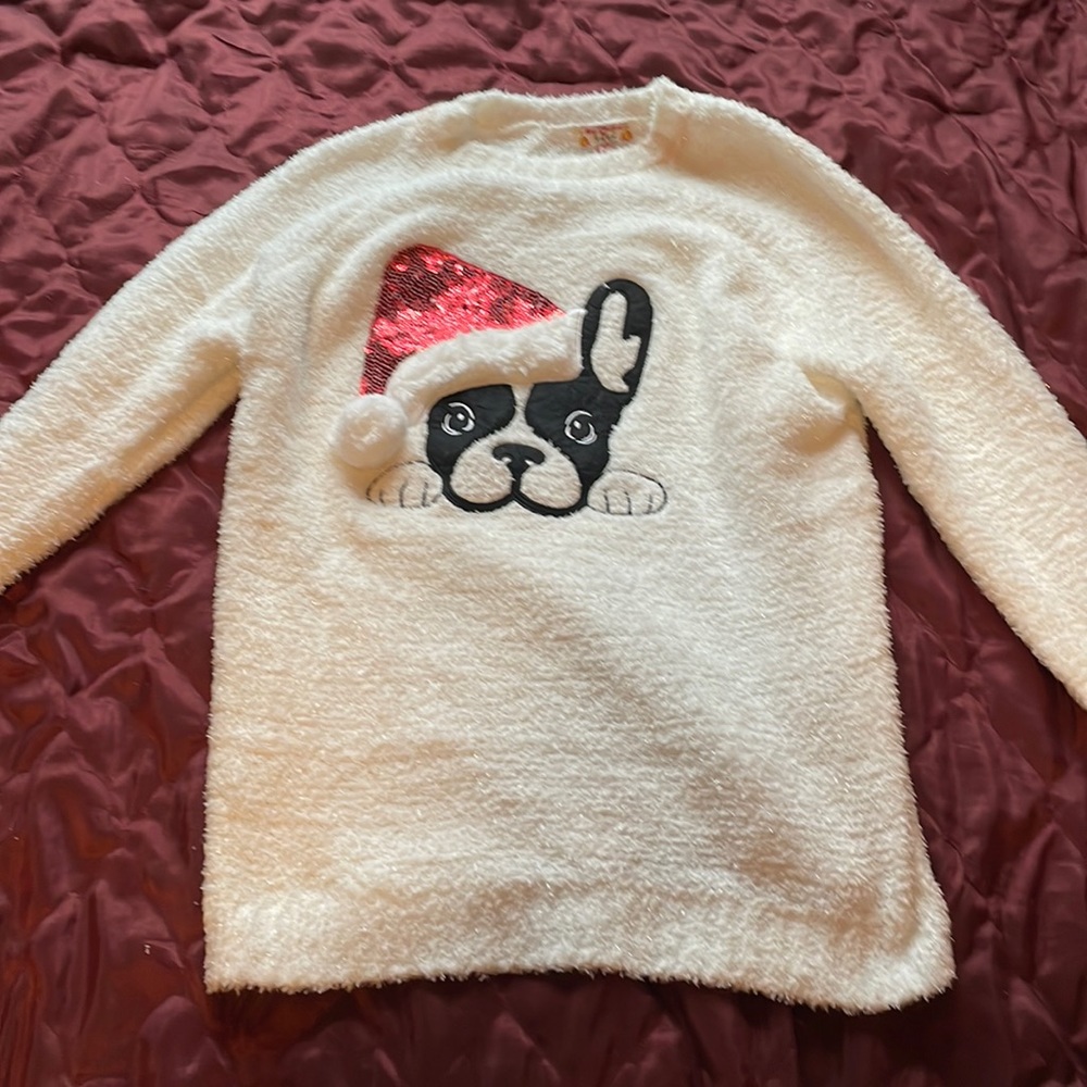 White Christmas sweater with dog in Santa hat